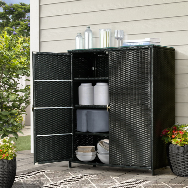 Gardeon Outdoor Wicker Storage Cabinet - Multi-Functional Garden Shed, Chest, and Bar Table for Tools and Essentials