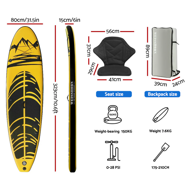 Weisshorn 10.6ft Inflatable Stand Up Paddle Board | SUP Surfboard Kayak Surf Yellow