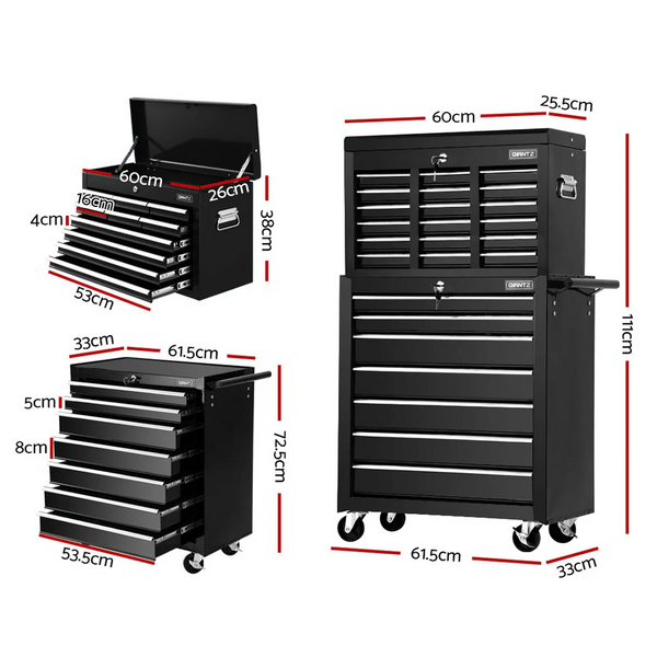 Giantz 17 Drawer Tool Box Cabinet Chest Trolley - Black Garage Storage Organizer