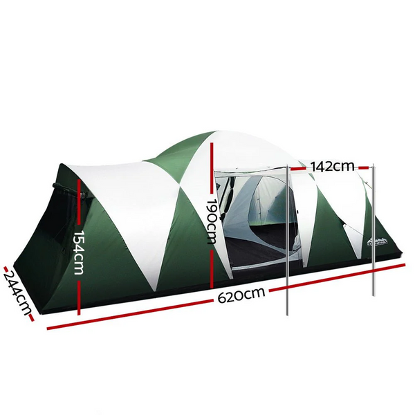 Weisshorn Family Camping Tent | 12 Person Hiking Beach Tent with 3 Rooms - Green