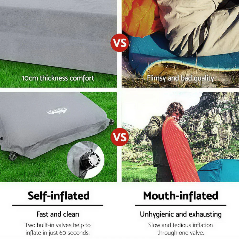 Weisshorn Self Inflating Mattress | Camping Sleeping Mat Air Bed Double Set Grey